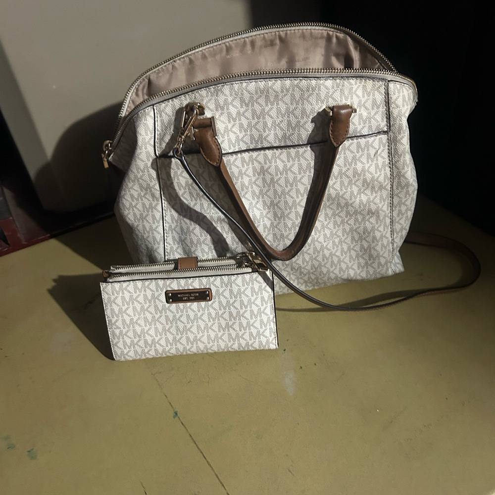 Michael Kors White and Brown Logo Tote